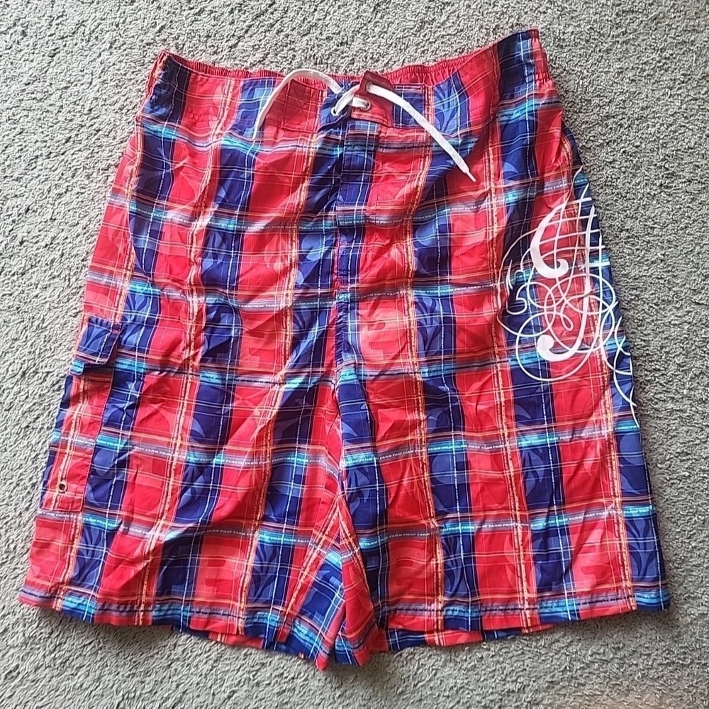 Phat Farm Swim Trunks Mens Large Red Blue Plaid Lined Board Hybrid Shorts
